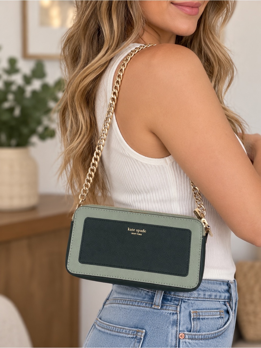Kate Spade New York Margaux Double Zip Mini Crossbody Sage Green Chain Strap